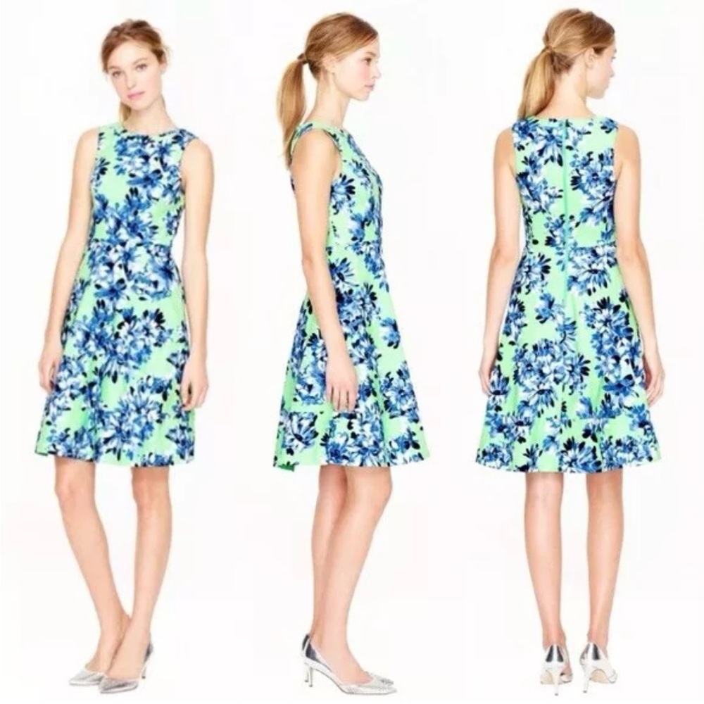 J.Crew Photo Floral Dress size 6 Mint Green Blue Fit Flare Pockets A-line A5700